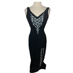 Manuel Cuevas Manuel Collection Black Embroidered Evening Dress Swarovski Sz 6
